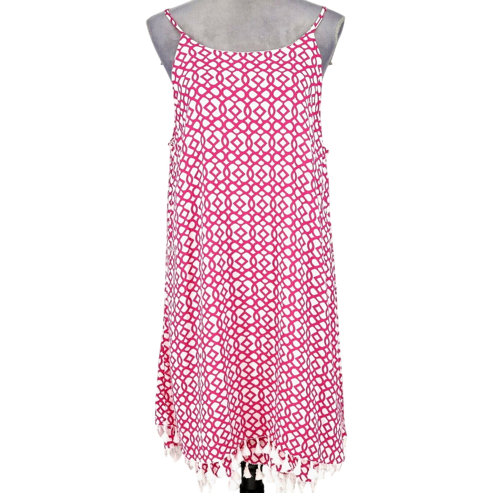 Nina Leonard Dress Womens Large White Pink Lined Pom Pom Fringe Resort Whimsy